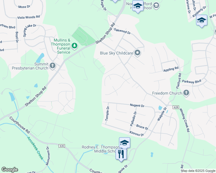 map of restaurants, bars, coffee shops, grocery stores, and more near 131 Theresa Drive in Stafford