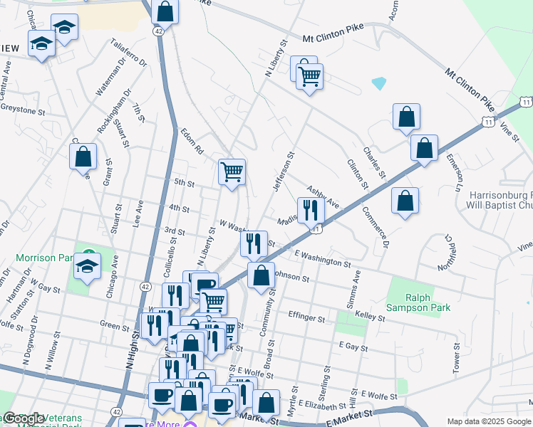 map of restaurants, bars, coffee shops, grocery stores, and more near 727 Madison Street in Harrisonburg