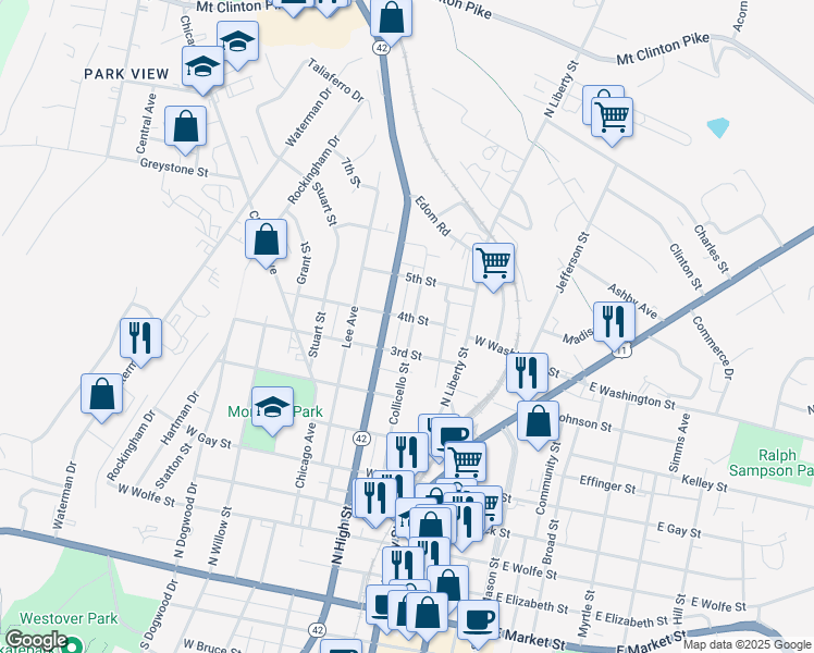 map of restaurants, bars, coffee shops, grocery stores, and more near 760 Virginia Avenue in Harrisonburg