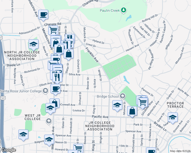 map of restaurants, bars, coffee shops, grocery stores, and more near 1838 King Street in Santa Rosa