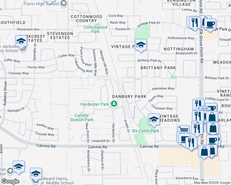 map of restaurants, bars, coffee shops, grocery stores, and more near 8251 Gwinhurst Circle in Sacramento