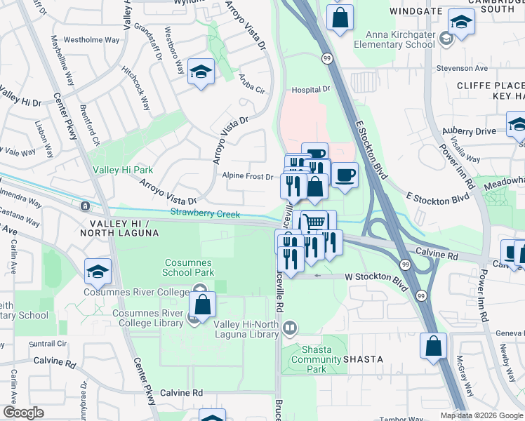 map of restaurants, bars, coffee shops, grocery stores, and more near 7202 Snowy Birch Way in Sacramento