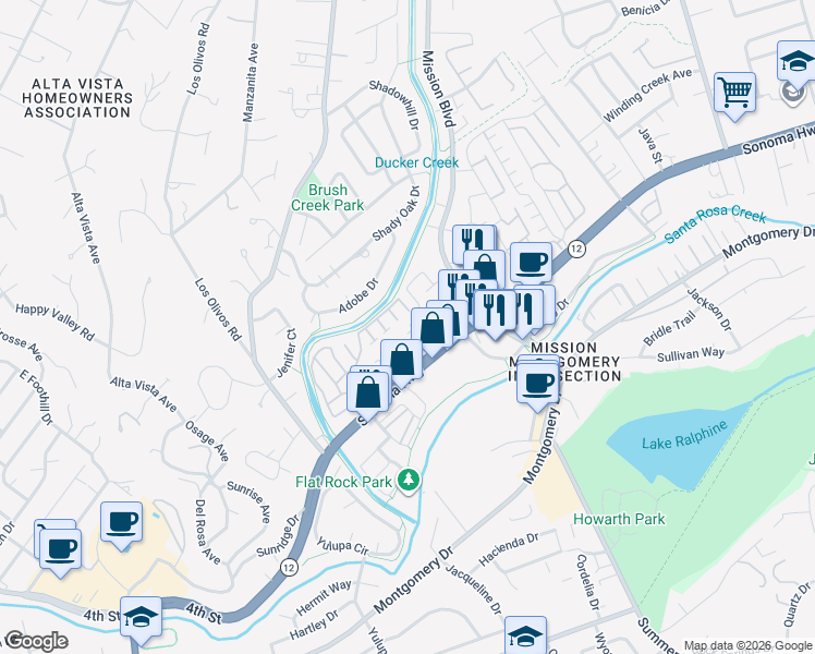 map of restaurants, bars, coffee shops, grocery stores, and more near 4311 Grant Way in Santa Rosa