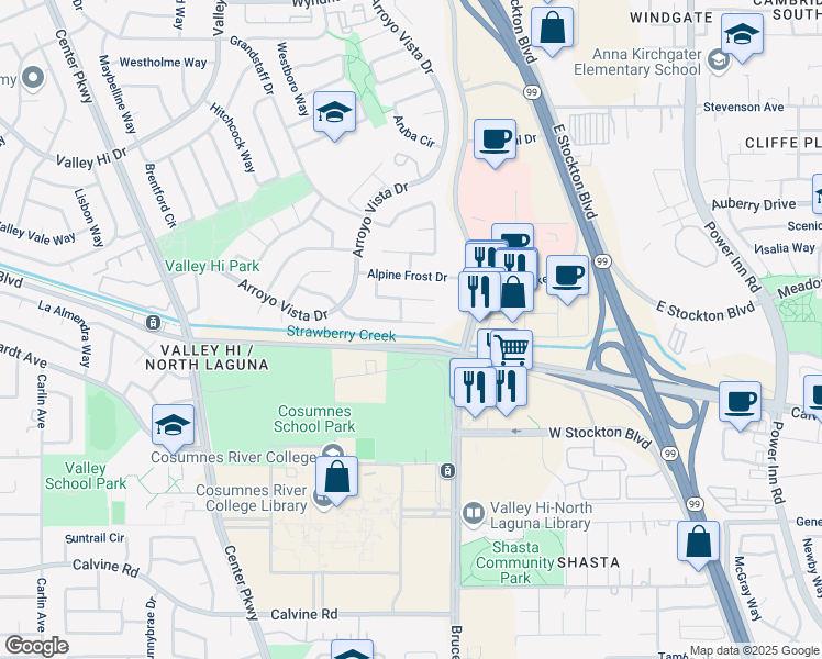 map of restaurants, bars, coffee shops, grocery stores, and more near 7186 Snowy Birch Way in Sacramento