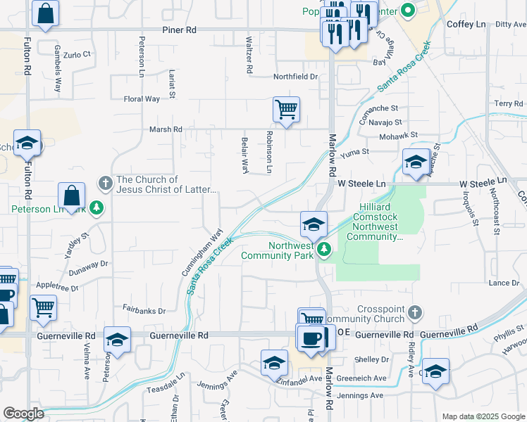 map of restaurants, bars, coffee shops, grocery stores, and more near 2168 Valdes Court in Santa Rosa