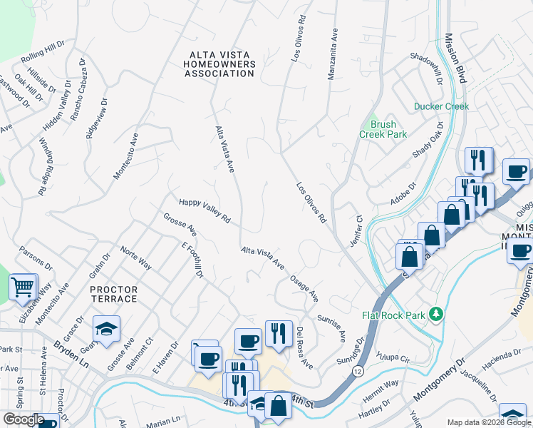 map of restaurants, bars, coffee shops, grocery stores, and more near 1850 Happy Valley Road in Santa Rosa