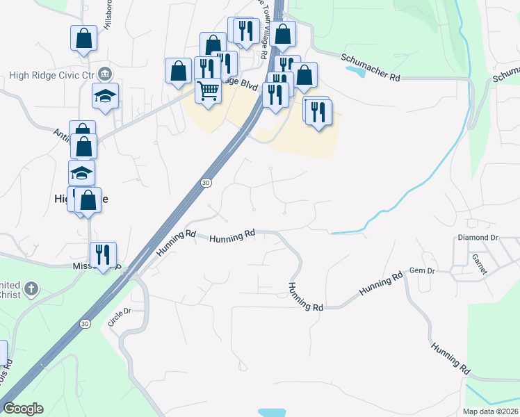 map of restaurants, bars, coffee shops, grocery stores, and more near 3020 Ridgetop Court in High Ridge