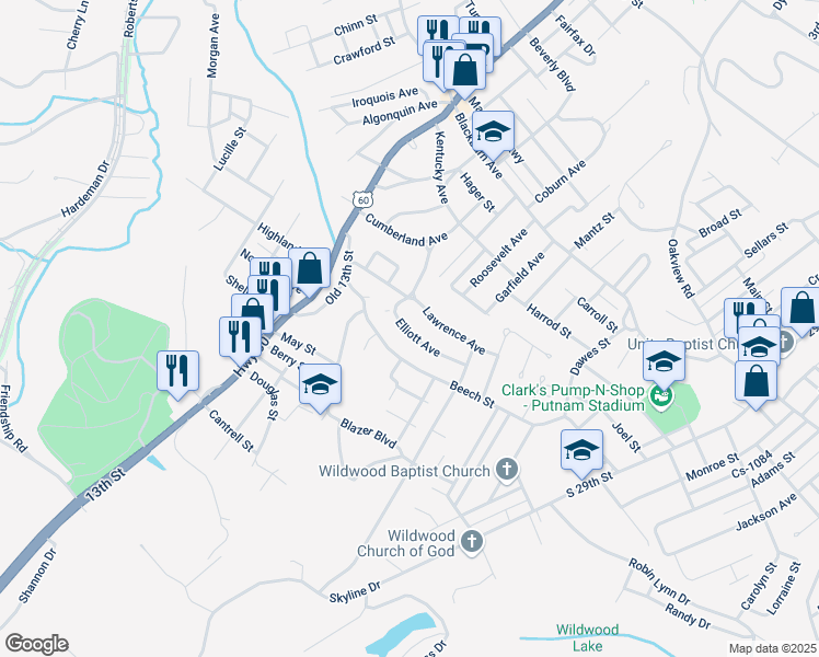 map of restaurants, bars, coffee shops, grocery stores, and more near 1641 Elliott Avenue in Ashland