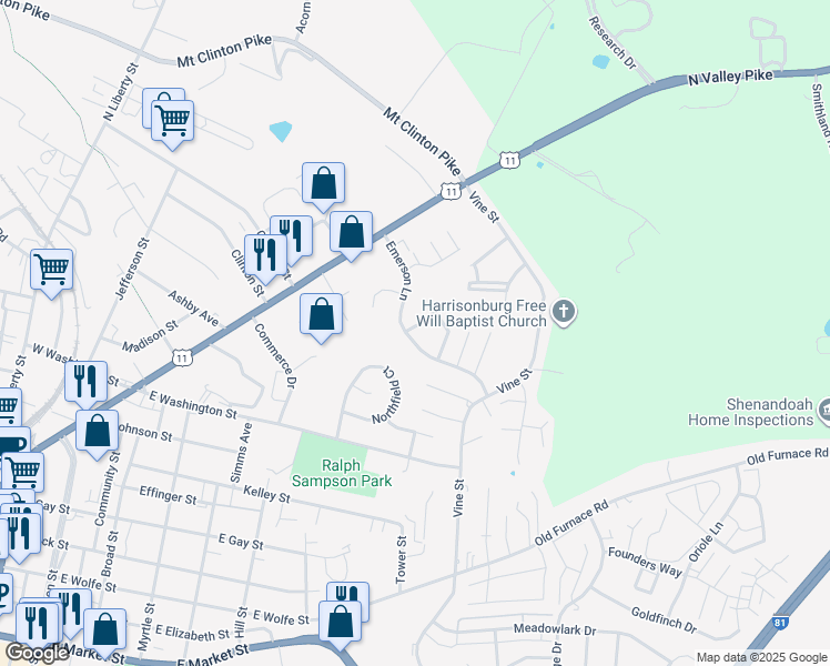 map of restaurants, bars, coffee shops, grocery stores, and more near 1211 Old Richmond Circle in Harrisonburg