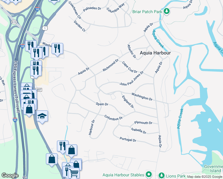 map of restaurants, bars, coffee shops, grocery stores, and more near 1218 Washington Drive in Stafford
