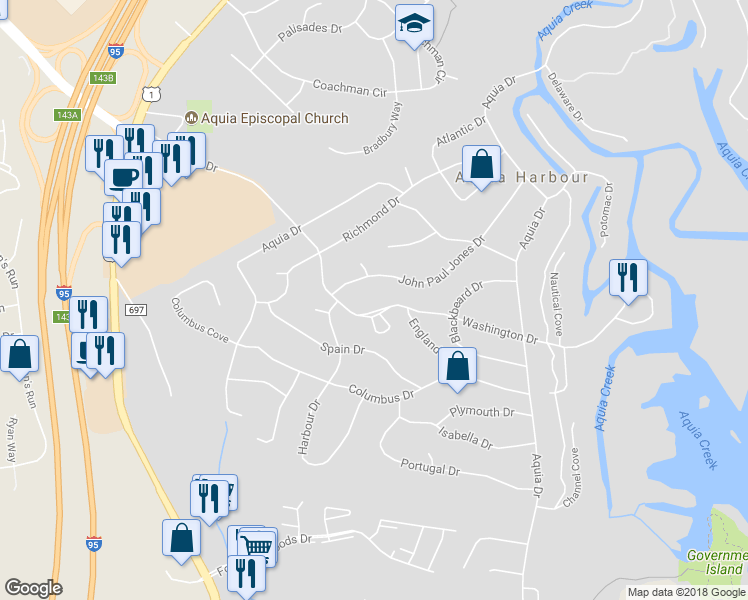map of restaurants, bars, coffee shops, grocery stores, and more near 1218 Washington Drive in Stafford