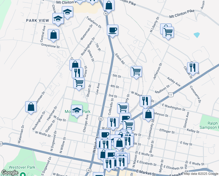 map of restaurants, bars, coffee shops, grocery stores, and more near 760 Virginia Ave in Harrisonburg