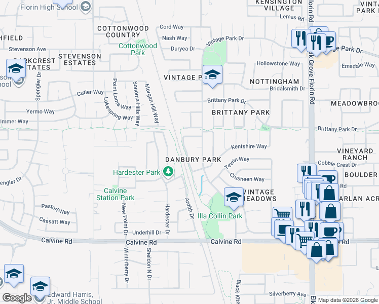 map of restaurants, bars, coffee shops, grocery stores, and more near 8638 Hampton Hill Court in Sacramento