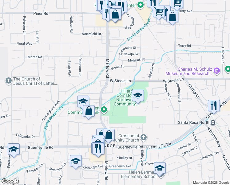 map of restaurants, bars, coffee shops, grocery stores, and more near 2776 Royal Oak Place in Santa Rosa