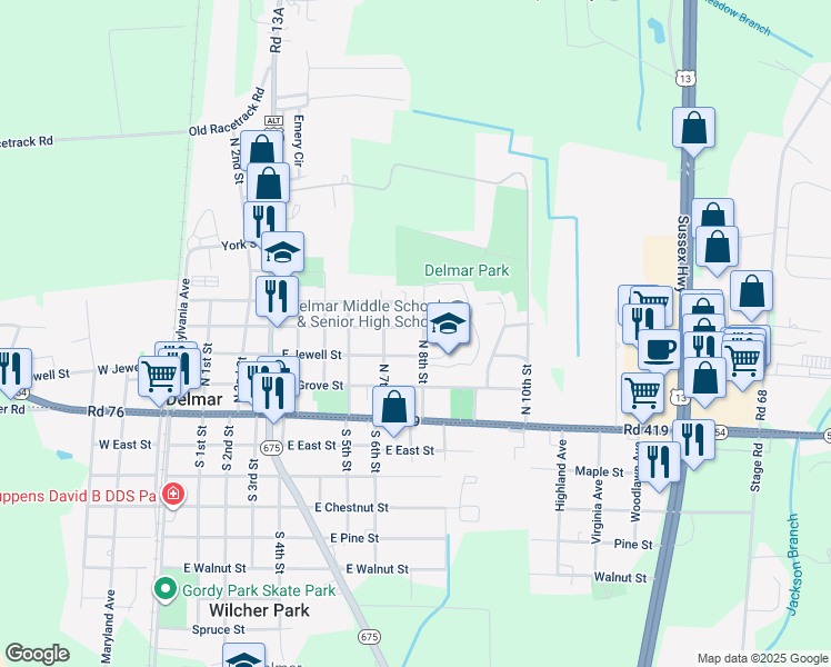 map of restaurants, bars, coffee shops, grocery stores, and more near 207 North 8th Street in Delmar