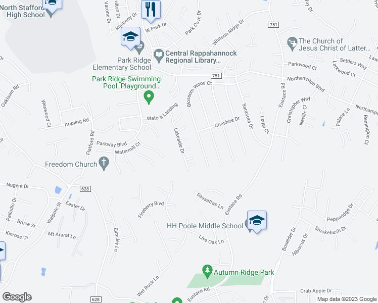 map of restaurants, bars, coffee shops, grocery stores, and more near 6 Peachy Court in Stafford