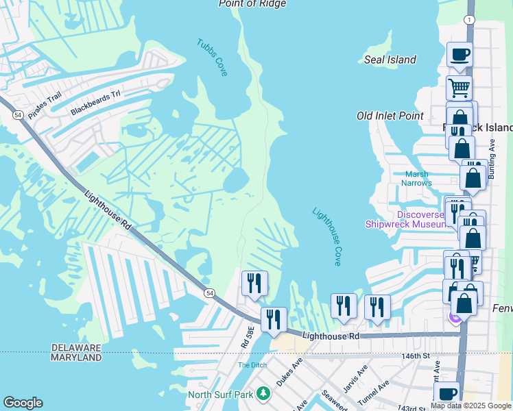 map of restaurants, bars, coffee shops, grocery stores, and more near 30599 Lightkeepers Way in Selbyville