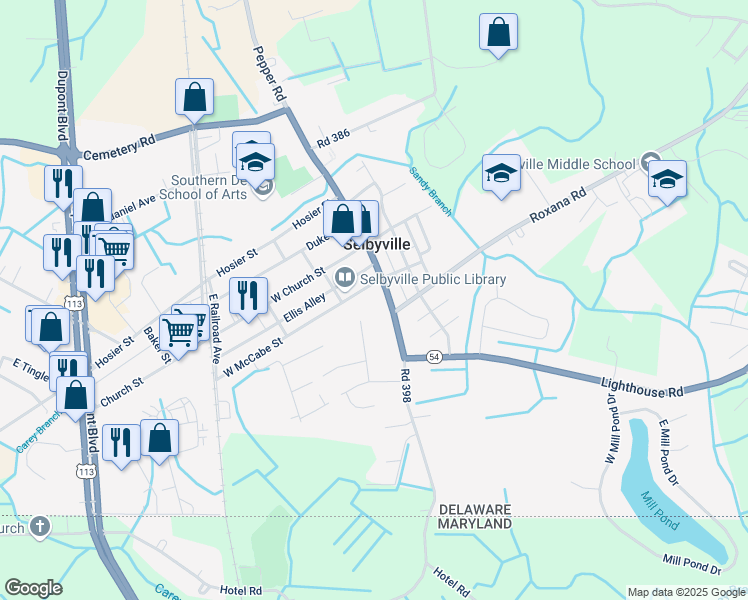 map of restaurants, bars, coffee shops, grocery stores, and more near 19 South Main Street in Selbyville