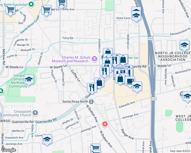 map of restaurants, bars, coffee shops, grocery stores, and more near 2146 Sunleaf Lane in Santa Rosa