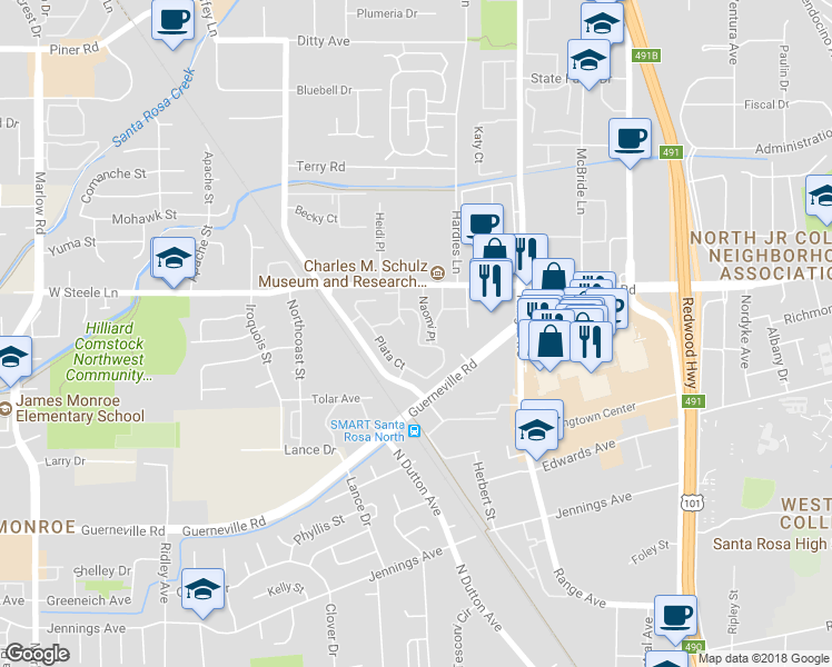 map of restaurants, bars, coffee shops, grocery stores, and more near 2438 Plata Court in Santa Rosa