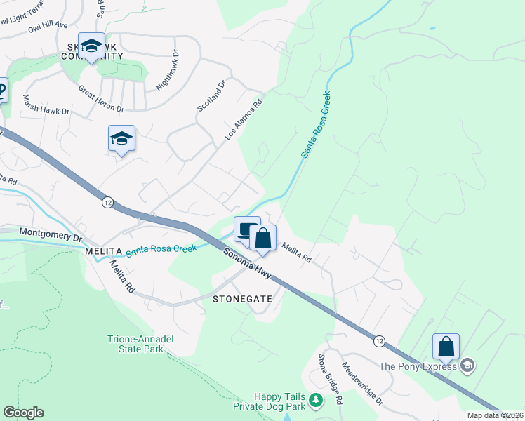 map of restaurants, bars, coffee shops, grocery stores, and more near 6237 Melita Road in Santa Rosa