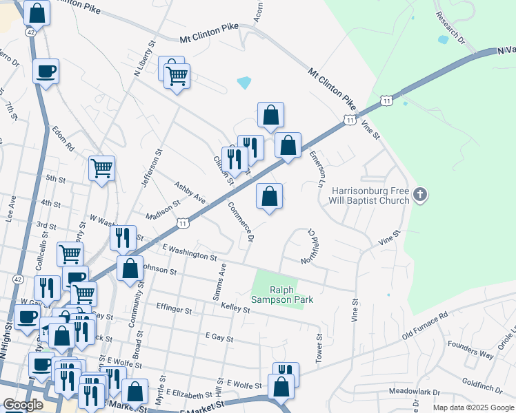 map of restaurants, bars, coffee shops, grocery stores, and more near 1151 Commercial Court in Harrisonburg