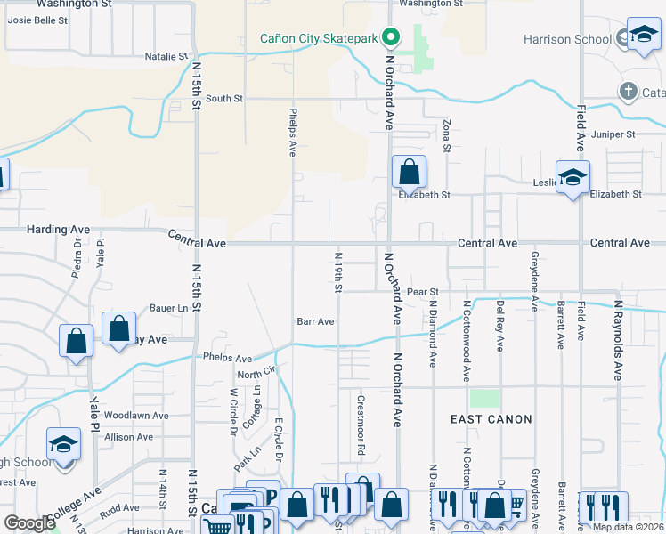 map of restaurants, bars, coffee shops, grocery stores, and more near 781 Harrow Court in Cañon City