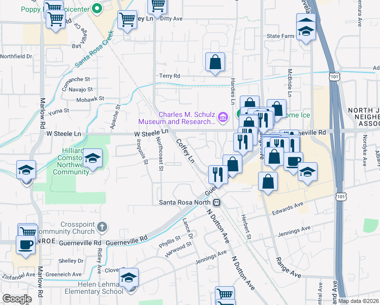 map of restaurants, bars, coffee shops, grocery stores, and more near 2672 Coffey Ln in Santa Rosa