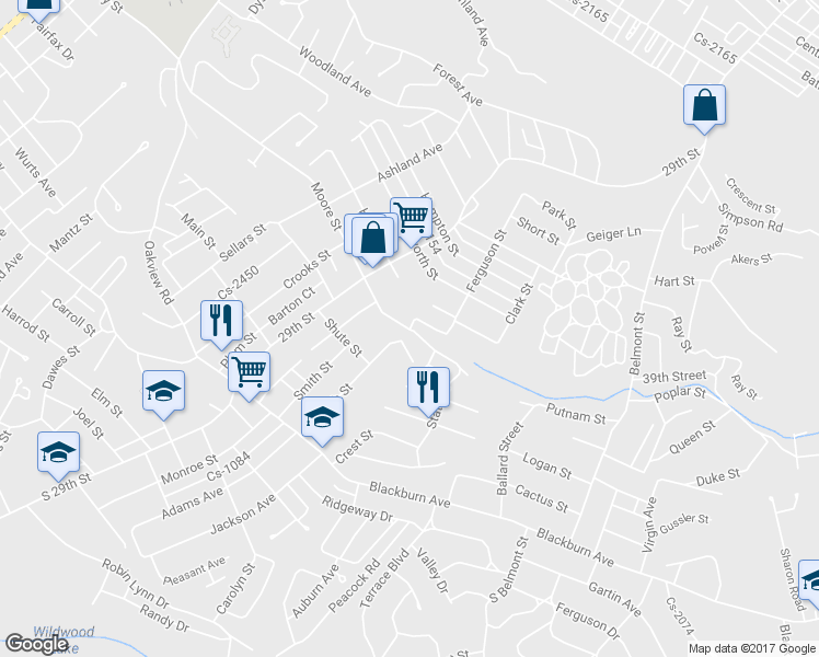 map of restaurants, bars, coffee shops, grocery stores, and more near 2017 Lydia Street in Ashland