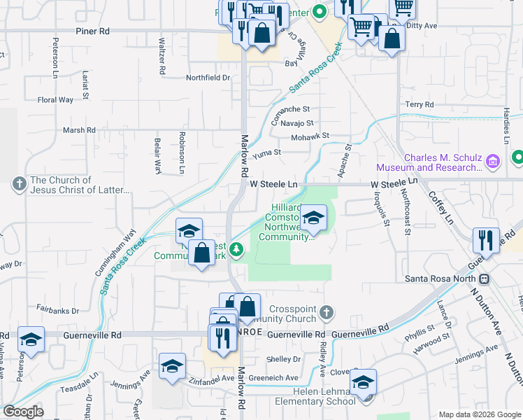 map of restaurants, bars, coffee shops, grocery stores, and more near 2776 Royal Oak Place in Santa Rosa