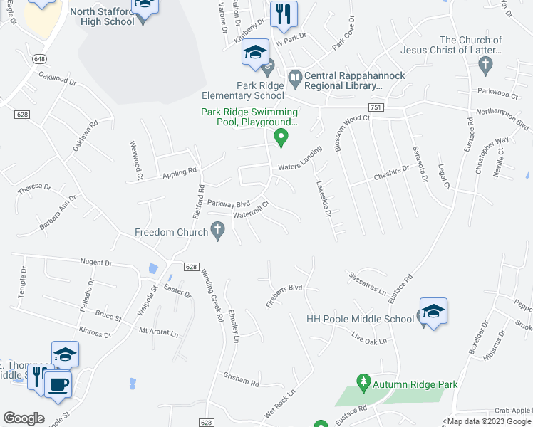 map of restaurants, bars, coffee shops, grocery stores, and more near 5 Stoneridge Court in Stafford