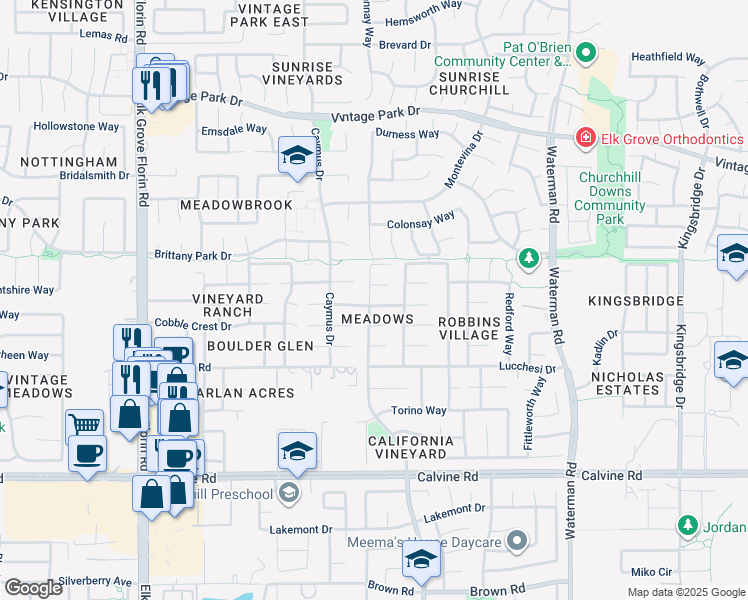 map of restaurants, bars, coffee shops, grocery stores, and more near 9111 Cobble Field Dr in Sacramento