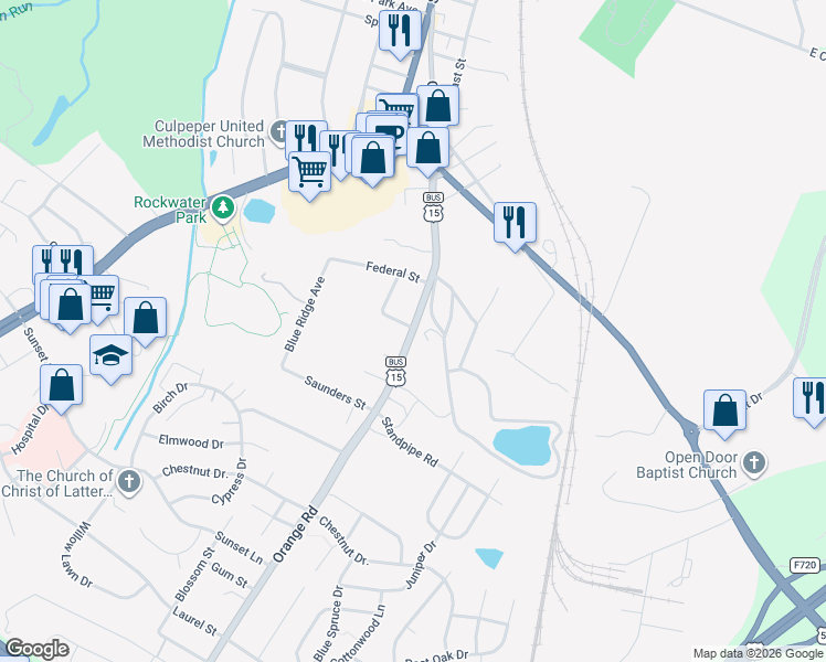 map of restaurants, bars, coffee shops, grocery stores, and more near 1702 Orange Road in Culpeper