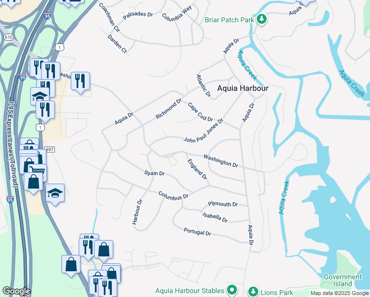 map of restaurants, bars, coffee shops, grocery stores, and more near 1226 Washington Drive in Stafford