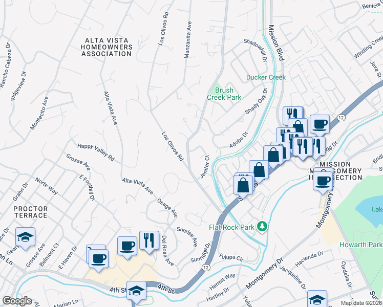 map of restaurants, bars, coffee shops, grocery stores, and more near 540 Brush Creek Court in Santa Rosa