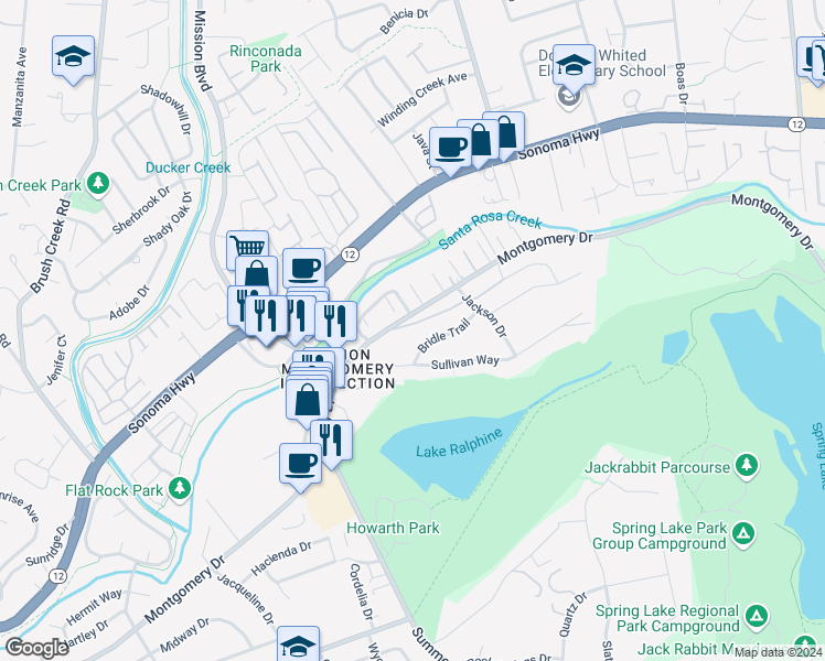 map of restaurants, bars, coffee shops, grocery stores, and more near 4678 Rocky Way in Santa Rosa