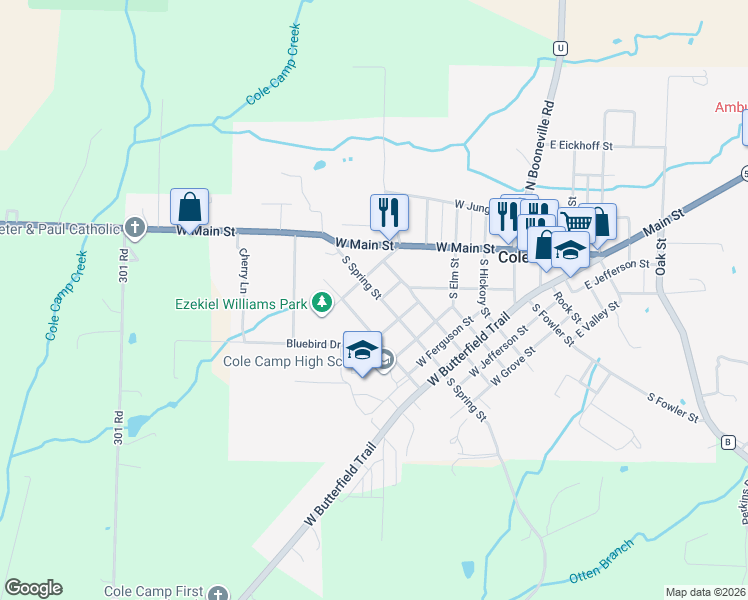 map of restaurants, bars, coffee shops, grocery stores, and more near 206 South Spring Street in Cole Camp