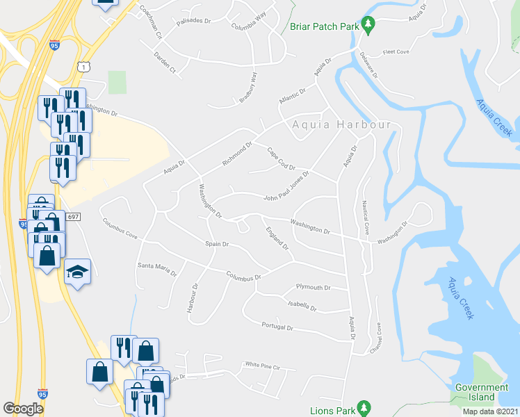 map of restaurants, bars, coffee shops, grocery stores, and more near 1226 Washington Drive in Stafford
