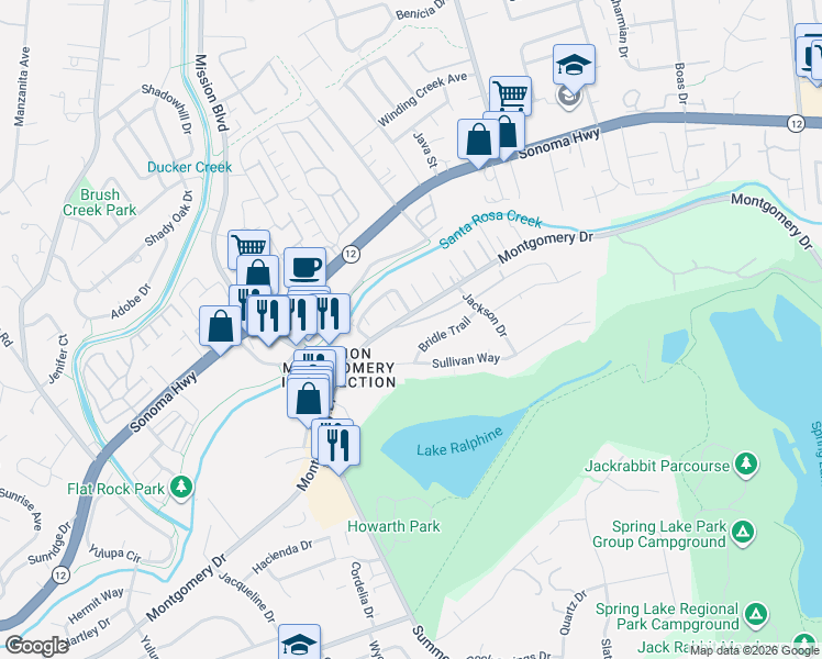 map of restaurants, bars, coffee shops, grocery stores, and more near 4678 Rocky Way in Santa Rosa