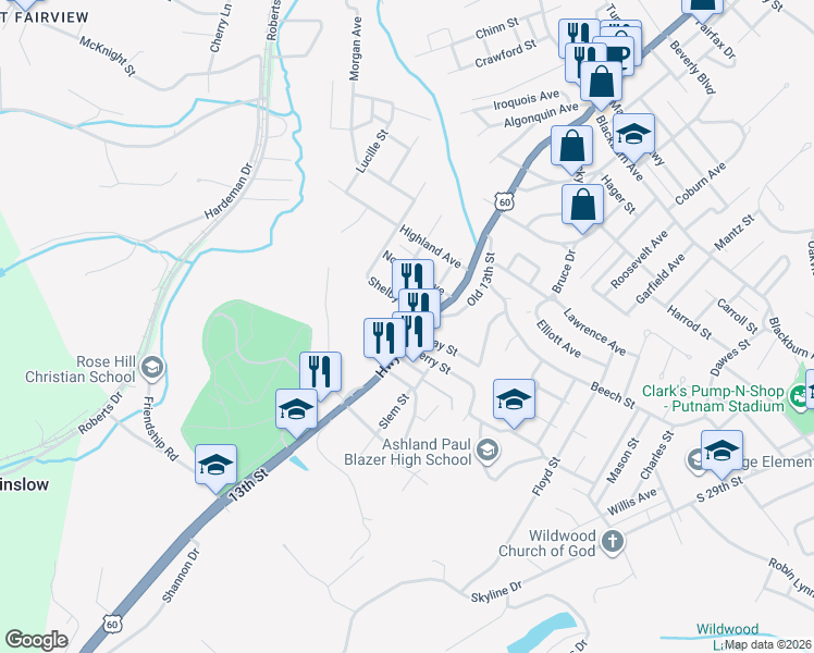 map of restaurants, bars, coffee shops, grocery stores, and more near 3317 13th Street in Ashland