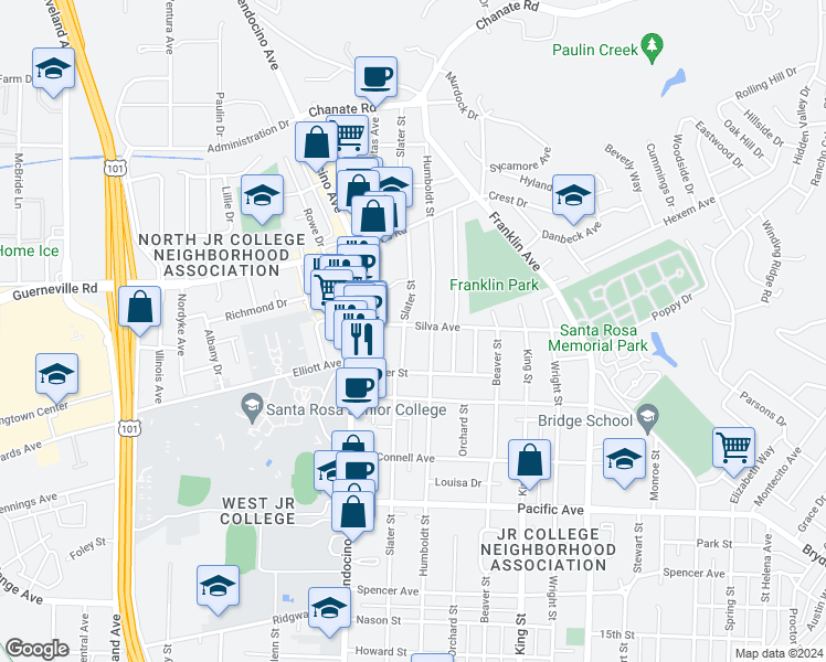 map of restaurants, bars, coffee shops, grocery stores, and more near 618 Silva Avenue in Santa Rosa