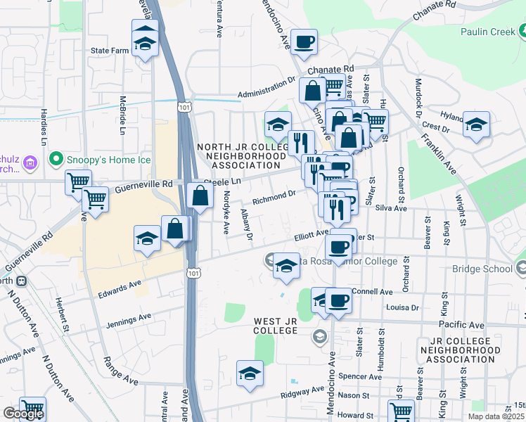 map of restaurants, bars, coffee shops, grocery stores, and more near in Santa Rosa