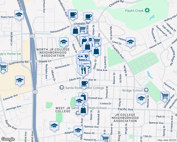 map of restaurants, bars, coffee shops, grocery stores, and more near 552 Silva Avenue in Santa Rosa