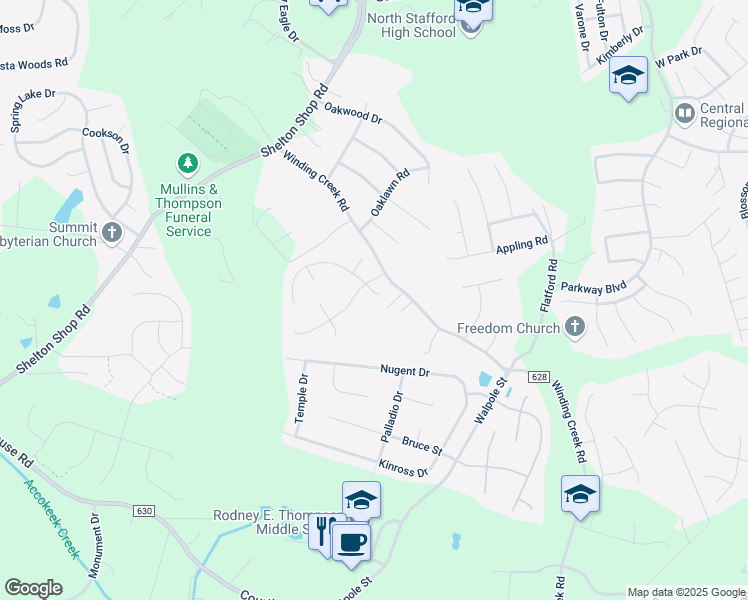 map of restaurants, bars, coffee shops, grocery stores, and more near 4 Craig Court in Stafford