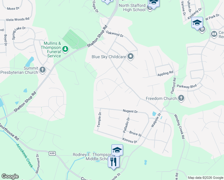 map of restaurants, bars, coffee shops, grocery stores, and more near 102 Barbara Ann Drive in Stafford