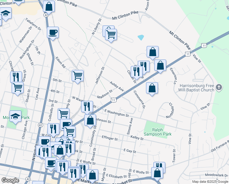 map of restaurants, bars, coffee shops, grocery stores, and more near 854 Madison Street in Harrisonburg