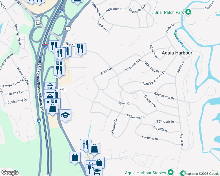 map of restaurants, bars, coffee shops, grocery stores, and more near 1007 Richmond Drive in Stafford