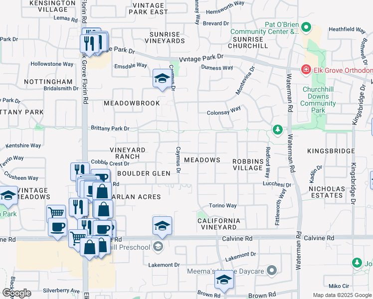 map of restaurants, bars, coffee shops, grocery stores, and more near 9077 Cobble Field Drive in Sacramento