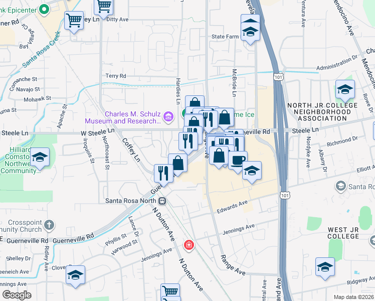 map of restaurants, bars, coffee shops, grocery stores, and more near 1421 Guerneville Road in Santa Rosa