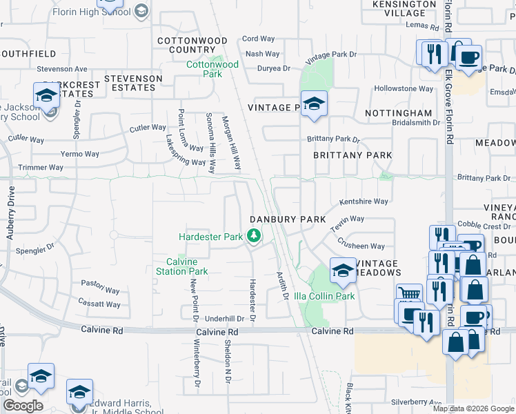 map of restaurants, bars, coffee shops, grocery stores, and more near 8251 Gwinhurst Circle in Sacramento